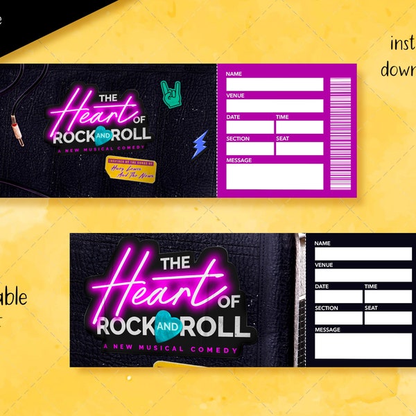 The Heart of Rock and Roll Musical Ticket, Editable Printable Broadway Surprise Musical Theatre, Faux Ticket