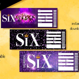 SIX Druckbares Broadway-Überraschungsticket, SIX das Musical Sammler-Theaterticket, SIX Bearbeitbares Faux-Event-Eintritts-Souvenir-Andenken