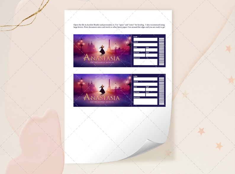 Printable Anastasia Editable Musical Ticket, Editable Broadway Surprise Musical Theatre, Faux Ticket image 4