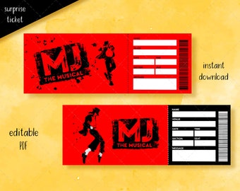 Printable MJ Broadway Surprise Ticket, Editable Tcket, Event surprise gift, Musical Theatre Faux ticket