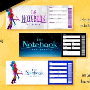 Boleto sorpresa imprimible para Broadway de The Notebook, boleto sorpresa para cumpleaños, boleto coleccionable para musical, boleto editable para entrada a evento teatral falso.