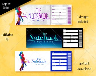 Printable The Notebook Broadway Surprise Ticket, Birthday event surprise, Musical Collectible Ticket Editable Theater Faux Event Admission