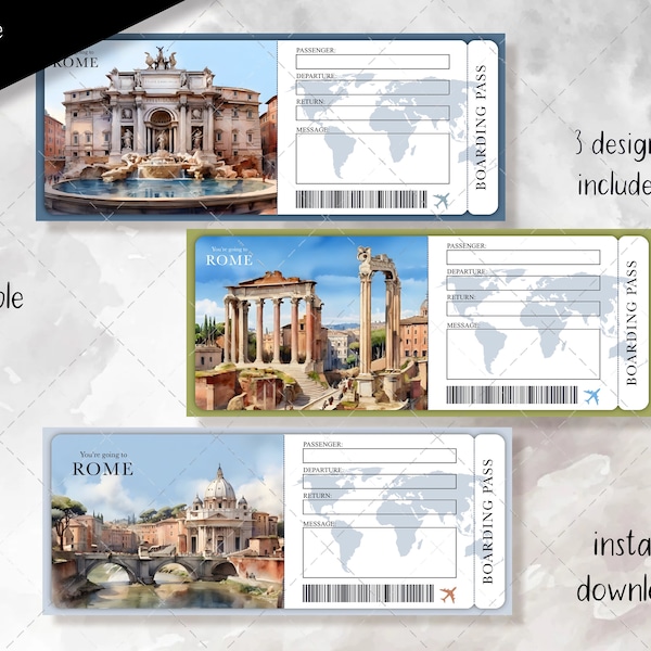 ROME Trip Surprise Ticket, You're Going to Italy, Flight Ticket, Boarding Pass, Editable, Instant Download, Travel Print