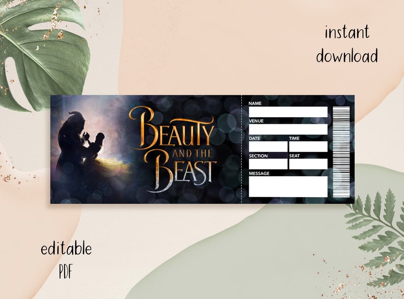 Printable Beauty and Beast Ticket Editable Broadway Ticket Etsy