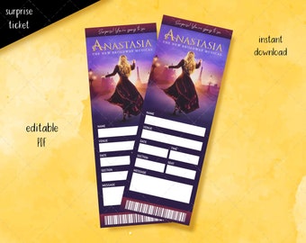 Anastasia Broadway Musical Ticket, Editable printable ticket, Theatre Faux Surprise Event, Gift show