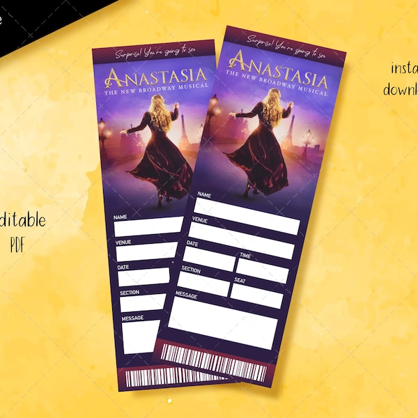 Anastasia Broadway Musical Ticket, Editable printable ticket, Theatre Faux Surprise Event, Gift show