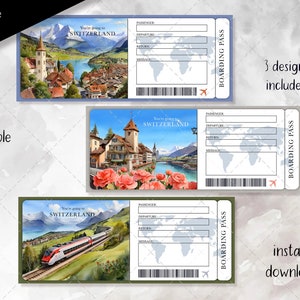 Billet surprise pour un voyage en Suisse, Billets vacances en Suisse, Carte d'embarquement, Billet surprise imprimable, Révélation du billet