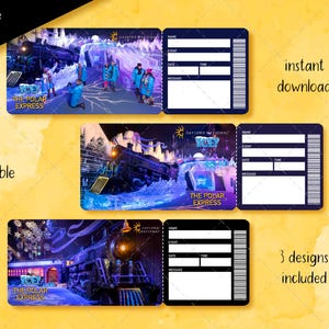 Puede incluir: Tres boletos imprimibles con el tema "Polar Express" con campos editables para nombre, evento, fecha, hora y mensaje. Los boletos presentan imágenes del tren Polar Express y escenas invernales. El texto incluye "surprise ticket", "editable PDF", "instant download" y "3 designs included".