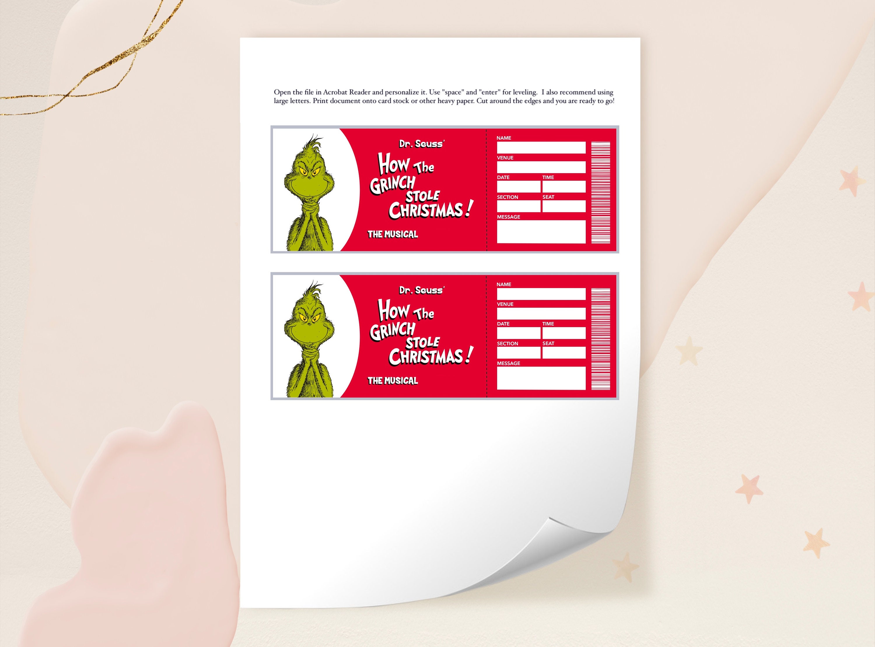 Printable How the Grinch Stole Christmas Ticket, Editable Christmas ...