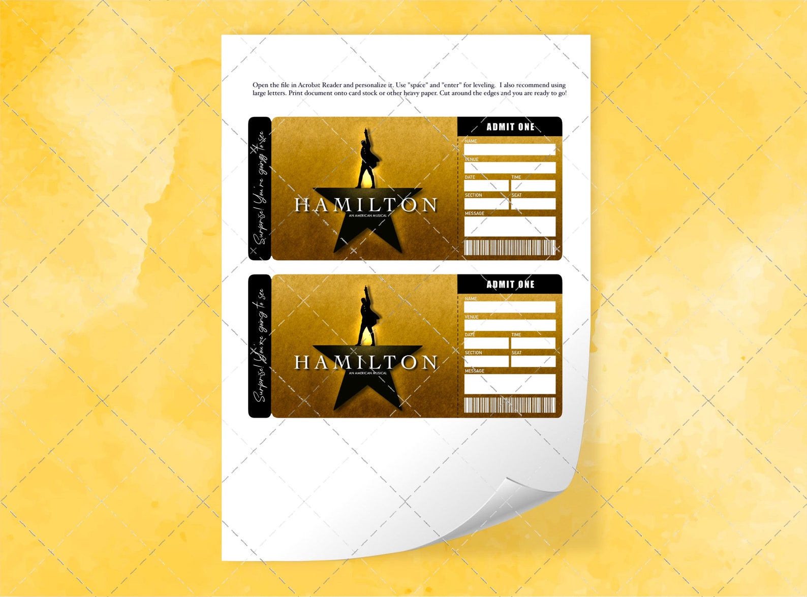 Hamilton Broadway Ticket Printable Surprise Tickets Editable Faux