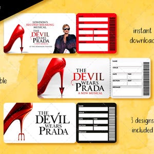 Könnte beinhalten: Drei Ticket-Designs für "Der Teufel trägt Prada: Ein neues Musical". Die Tickets zeigen einen roten High Heel, den Titel der Show und eine Frau mit Sonnenbrille. Ein Ticket ist rot, und zwei sind weiß mit schwarzem Text. Die Wörter "editable PDF" und "instant download" sind ebenfalls sichtbar.