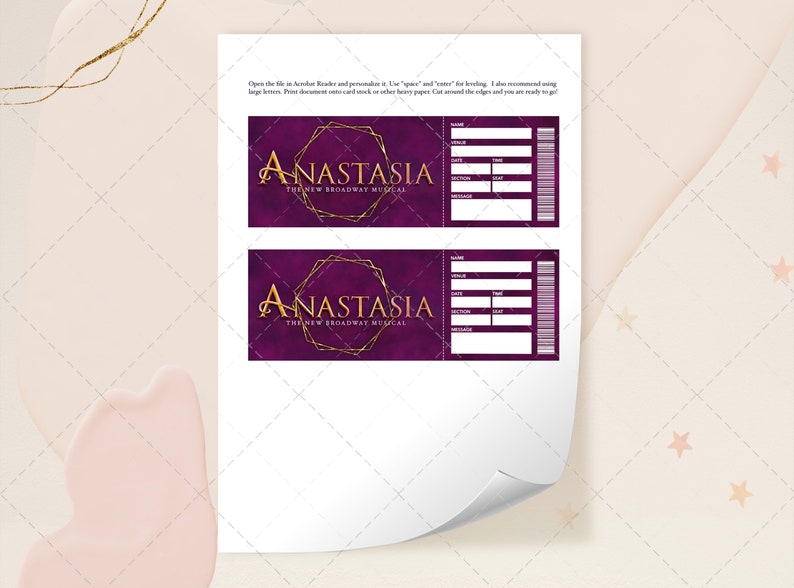 Printable Anastasia Editable Musical Ticket, Editable Broadway Surprise Musical Theatre, Faux Ticket image 3