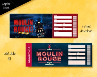 Moulin Rouge Broadway Surprise Ticket, Printable Editable Moulin Rouge Musical Collectible Theater Ticket, Musical Faux Event Admission