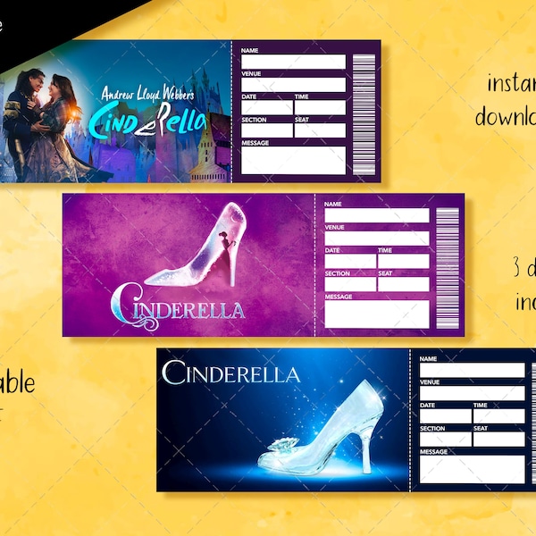 Printable CINDERELLA Musical Ticket, Editable Broadway Surprise Musical Theatre, Faux Ticket