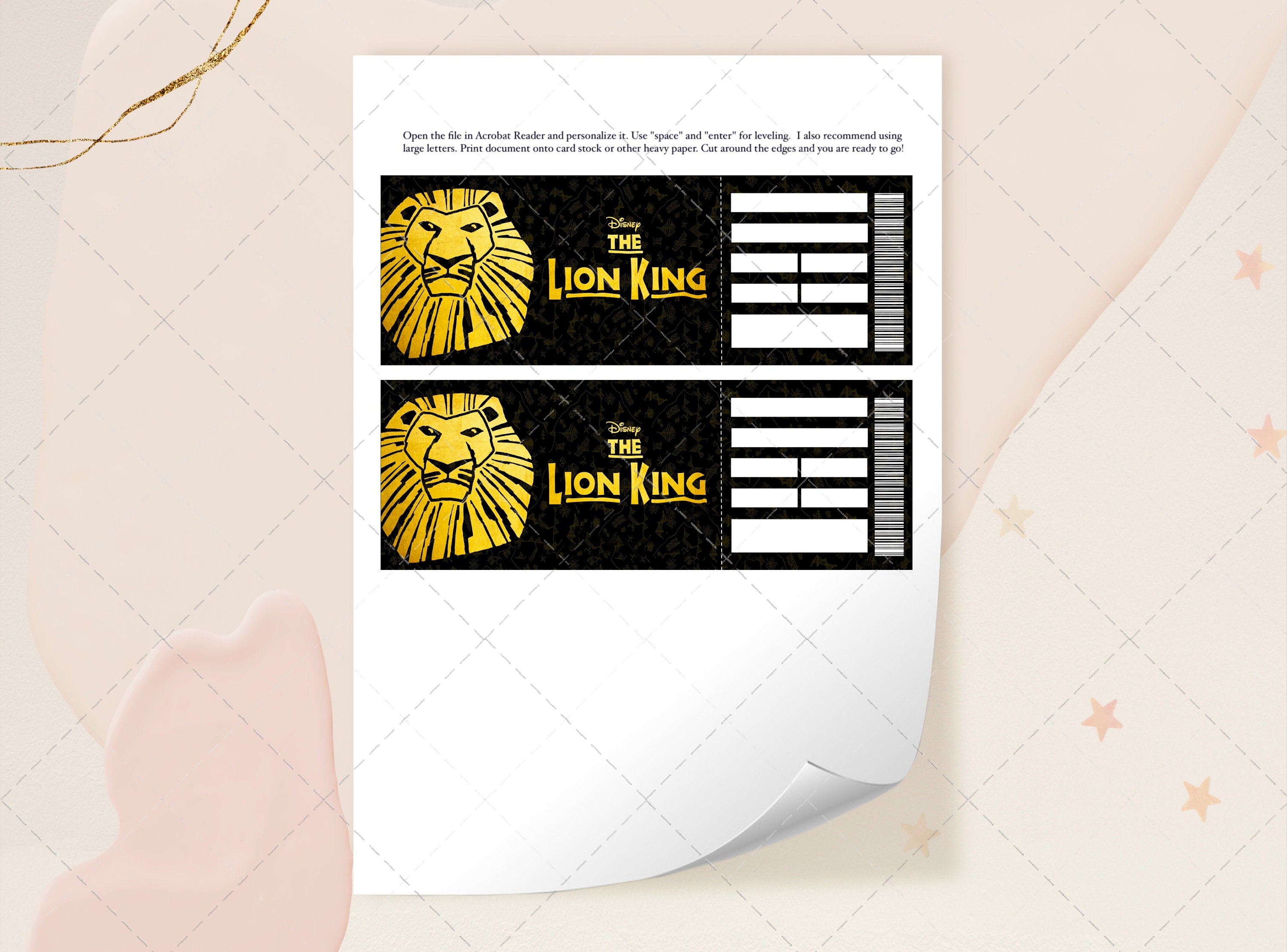 Printable Lion King Ticket, Editable Broadway Surprise Musical Theatre