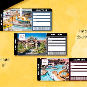 Billet imprimable GREAT WOLF LODGE, cadeau surprise, billet de révélation, billet de voyage modifiable, carte d'embarquement imprimable pour parc d'attractions