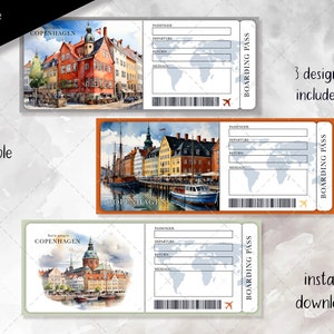 Pode incluir: Três designs de cartões de embarque imprimíveis com ilustrações de aquarela de Copenhague, Dinamarca. Cada cartão tem um espaço em branco para o nome do passageiro, a partida, o retorno e uma mensagem. O texto "CARTÃO DE EMBARQUE" está impresso em cada cartão.