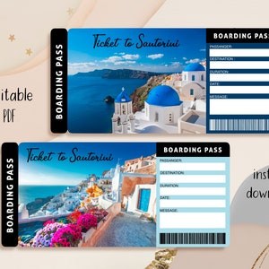 Biglietto a sorpresa per Santorini, biglietti per le vacanze a Santorini, carta d'imbarco, biglietto a sorpresa stampabile, presentazione del biglietto