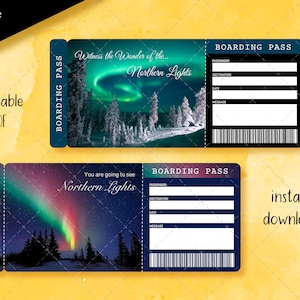 Billet pour un voyage aux aurores boréales, billet surprise de Noël, carte d'embarquement, billet de vacances modifiable, billet d'entrée