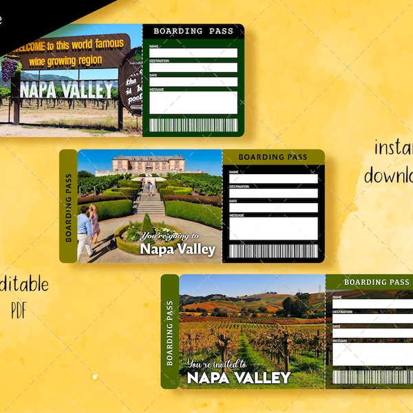 NAPA VALLEY Invitation, Tasting Wine, Surprise Trip Gift Ticket, Collectible Ticket, Editable Faux Event Admission