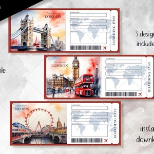 Modèle de carte d’embarquement modifiable à LONDRES, billet d’avion imprimable, voyage surprise de la carte d’embarquement, téléchargement numérique