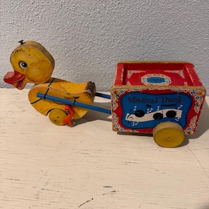 Rare Vintage Fisher Price Musical Duck and Cart Pull Toy, 1950s Antique Kids Toy, Wooden Duck with Wagon Pull Toy, Collectable Old Toys