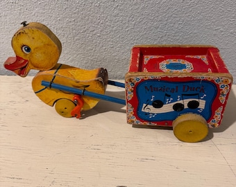 Vintage Fisher Price Musical Duck Pull Toy: 1930s Wooden Cart