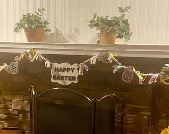 Guirnalda de Pascua, letrero de Pascua, pancarta de huevos de Pascua, guirnalda de primavera para chimenea, guirnalda de trapo de huevos de Pascua para repisa, decoración de sala familiar
