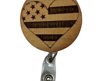 4th Of July Badge Reel, Retractable Nurse Badge Reel, Flag Badge Holder, Heart Name Badge Holder, Work ID Card Holder, Wood Engraved Badge