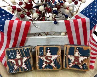 Bloques del 4 de julio, Decoración del 4 de julio, Bloques patrióticos, Decoración rústica americana, Decoración primitiva de granja, Día del Trabajo, Regalo para la anfitriona de una cena