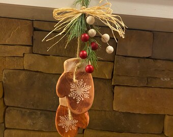 Decoración de manoplas de madera, decoración de repisas de estilo rústico, decoración de copos de nieve, decoración navideña en rojo y blanco, decoración rústica de pared, decoración rústica de madera
