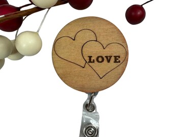 Love Badge Reel, Retractable Nurse Badge Reel, Heart Name Badge Holder, Work ID Card Holder, Wood Engraved Badge Reel, Valentines Day Gift