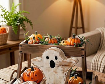 May include: A two-tiered wooden tray display featuring a white wooden ghost cutout with black eyes and mouth. The tray is decorated with several small orange pumpkins, some with carved jack-o'-lantern faces, and green leafy sprigs.