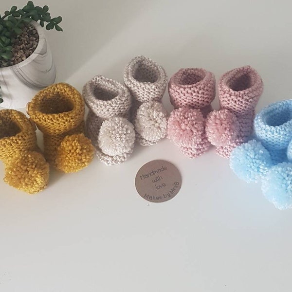 Hand Knitted Baby Pompom Booties| first shoes | Pram shoes Neutral Colours 0-6 months 6-12 months | Baby Gifts| Baby Shower | Baby knitwear