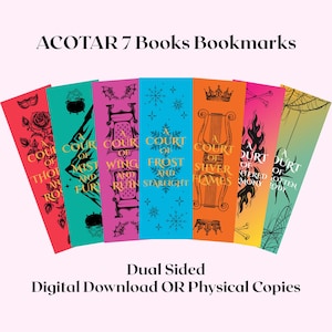 May include: A set of seven rectangular bookmarks featuring colorful gradients and black line art illustrations. Each bookmark displays a unique book title from the ACOTAR series, including A Court of Thorns and Roses, Mist and Fury, Wings and Ruin, Frost and Starlight, Silver Flames, Silvered Harmony, and Forgotten Melody.