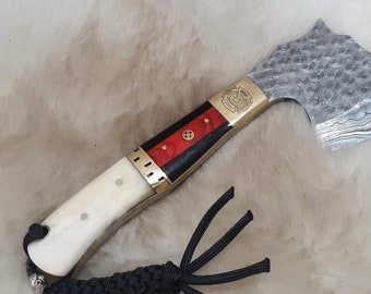 THIN RED LINE Full Tang Fire Fighter Camel/Wood Ax W/Custom Sheath