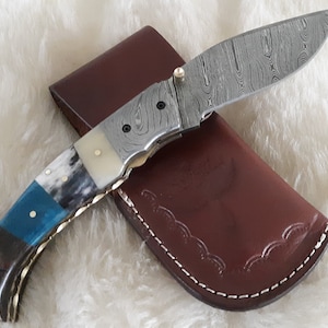 DAMASCUS Camel Bone/Sheep Horn Pocket Knife W/Sheath