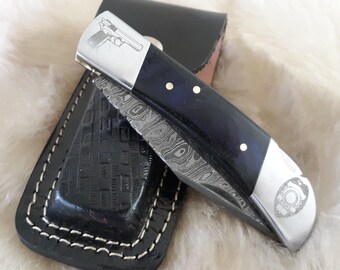 Police Hand  Made Damascus Pocket Knife With Sheath