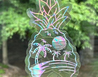 Pineapple Suncatcher Window Cling, Prism Holographic Rainbow Maker, Static Cling Decal, Tropical Scene Sun Catcher, Reusable Decal Sticker