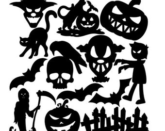 Halloween Window Clings, Black Silhouettes, Halloween Decor Set of 13 Reusable Decals