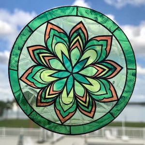 Snowflake Flower Suncatcher Window Cling, Green/Orange Transparent Stained Glass Look, 5” Round, Reusable Decal Stickers