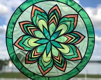 Snowflake Flower Suncatcher Window Cling, Green/Orange Transparent Stained Glass Look, 5” Round, Reusable Decal Stickers