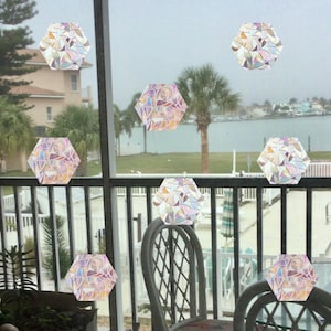 Prevent Bird Window Collisions with Bird Strike Anti Collision Decals. 12 Hexagon Honeycomb Window Cling Suncatchers, Prism Rainbow Maker.