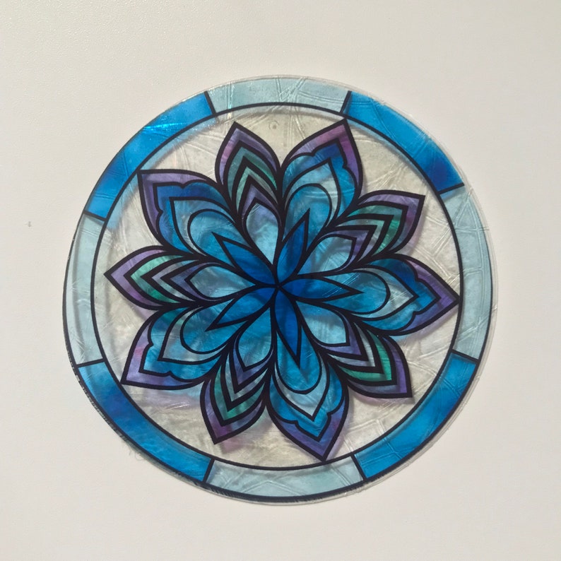 Mandala Flower Suncatcher Window Cling, Blue/Purple Transparent Stained Glass Look, 5 Round, Reusable and Removable Decal Stickers image 6