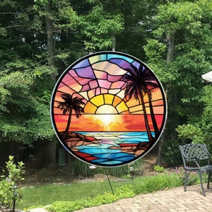 Beach Sunset & Palm Trees Window Cling Suncatcher Stained Glass Effect UV Protected Deters Bird Strikes Colorful Home Decor, 5 Round image 2