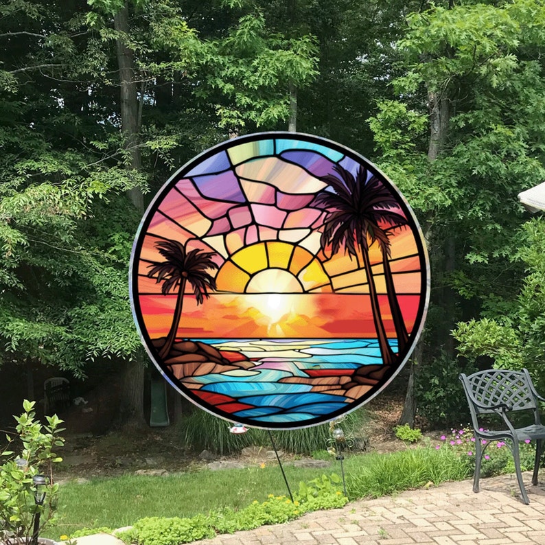 Beach Sunset & Palm Trees Window Cling Suncatcher Stained Glass Effect UV Protected Deters Bird Strikes Colorful Home Decor, 5 Round image 2