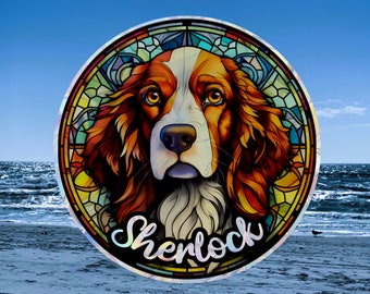 Welsh Springer Spaniel Memorial Suncatcher Personalized with Dog's Name, Window Cling, Stained Glass Effect, Loss of Pet, Pet Lover’s Gift