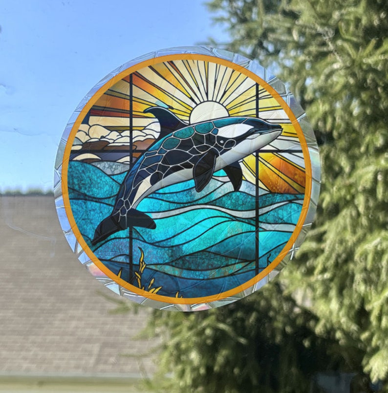Orca Tropical Window Cling Suncatcher Stained Glass Effect UV Protected Deters Bird Strikes Colorful Home Decor, 5 Round image 3