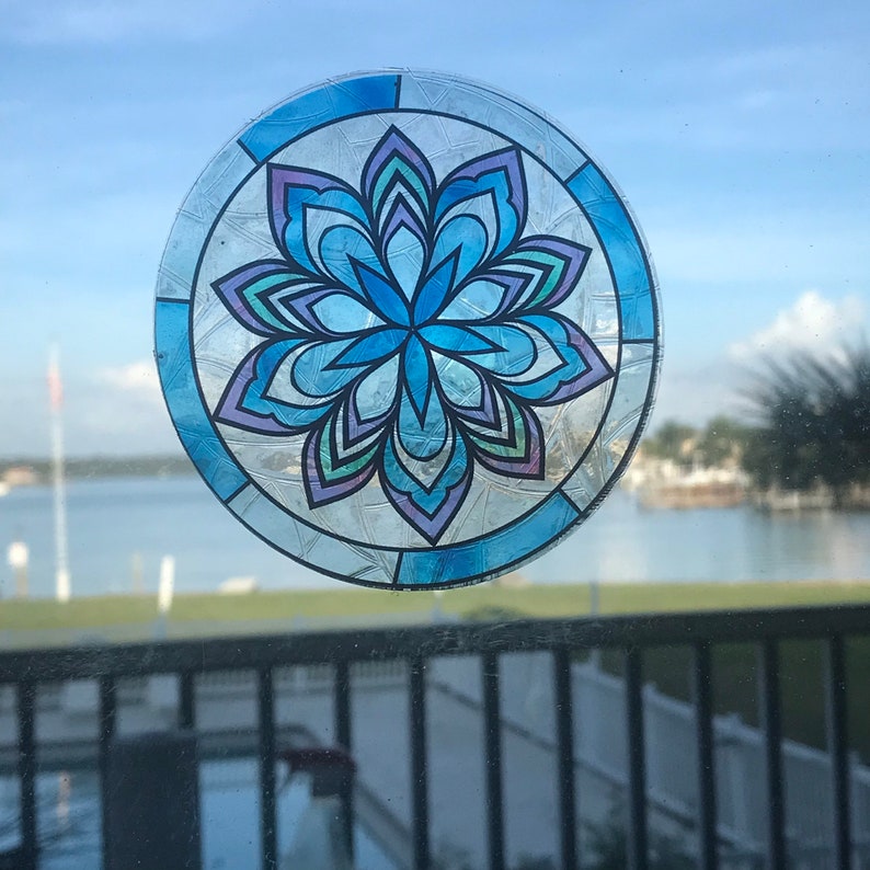 Mandala Flower Suncatcher Window Cling, Blue/Purple Transparent Stained Glass Look, 5 Round, Reusable and Removable Decal Stickers image 2