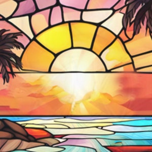 Beach Sunset & Palm Trees Window Cling Suncatcher Stained Glass Effect UV Protected Deters Bird Strikes Colorful Home Decor, 5 Round image 4